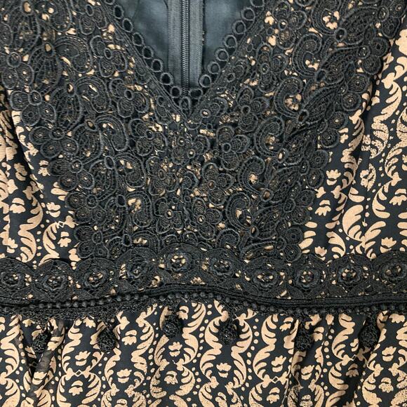 NANETTE LEPORE Blouse 10 Brown Silk Floral Crochet Pom Pom Long-Flare-Slv Lined - Picture 6 of 13